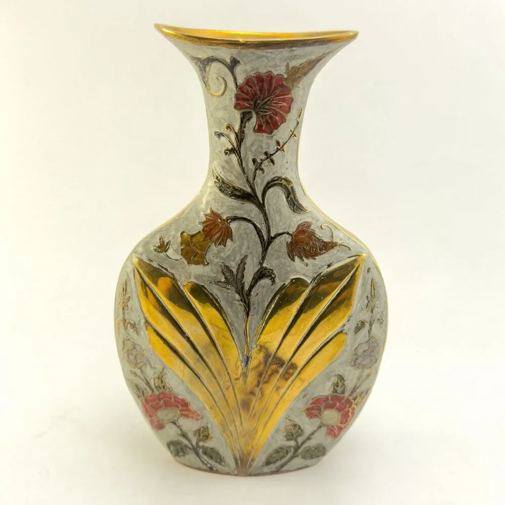 Vintage Enamel Floral Brass Vase Art Nouveau Style Gold 9”